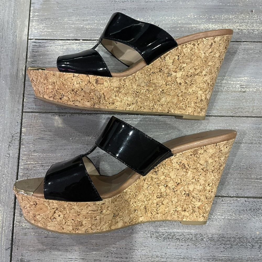 Boston Proper Cork Wedge Heels Size 8.5 M Patent Faux Leather Gold Toe Club - Picture 3 of 5